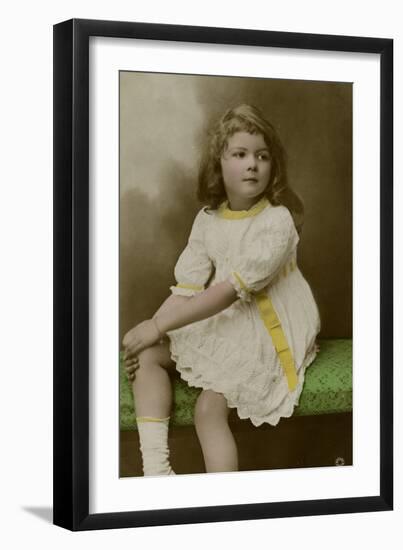 Little Girl in White Dress with Yellow Trimmings-null-Framed Photographic Print