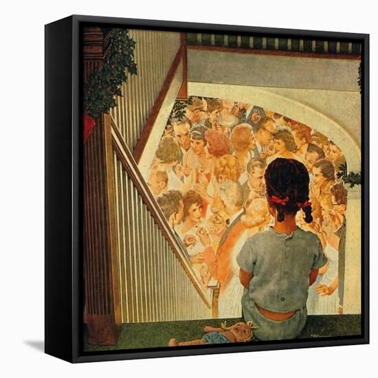 Little Girl Looking Downstairs at Christmas Party-Norman Rockwell-Framed Stretched Canvas