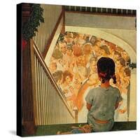 Little Girl Looking Downstairs at Christmas Party-Norman Rockwell-Stretched Canvas