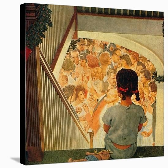 Little Girl Looking Downstairs at Christmas Party-Norman Rockwell-Stretched Canvas