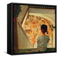 Little Girl Looking Downstairs at Christmas Party-Norman Rockwell-Framed Stretched Canvas