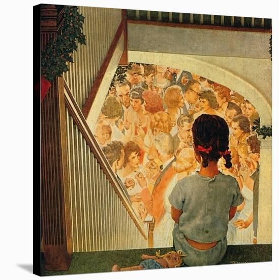 Little Girl Looking Downstairs at Christmas Party-Norman Rockwell-Stretched Canvas