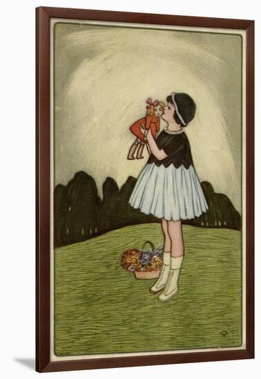 Little Girl on a Hillside with Her Doll-null-Framed Art Print