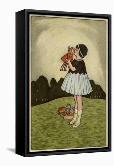 Little Girl on a Hillside with Her Doll-null-Framed Stretched Canvas