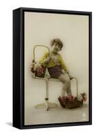 Little Girl on a Postcard with Baskets of Flowers-null-Framed Stretched Canvas