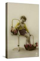 Little Girl on a Postcard with Baskets of Flowers-null-Stretched Canvas