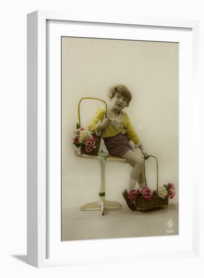 Little Girl on a Postcard with Baskets of Flowers-null-Framed Photographic Print