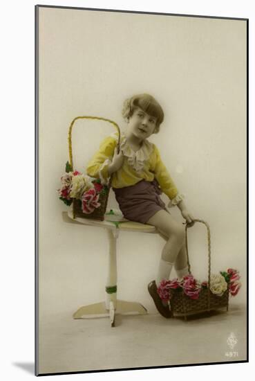 Little Girl on a Postcard with Baskets of Flowers-null-Mounted Photographic Print