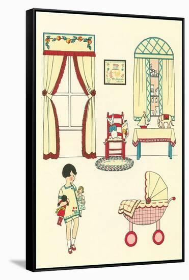 Little Girl, Pram, Neat House-null-Framed Stretched Canvas