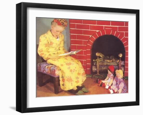 Little Girl Reading to Dolls-null-Framed Art Print