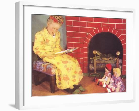 Little Girl Reading to Dolls-null-Framed Art Print