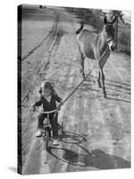 Little Girl Riding Her Tricycle, Leading Francis the Mule-Allan Grant-Stretched Canvas