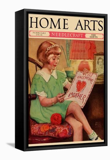 Little Girl Sews a Valentine-Home Arts-Framed Stretched Canvas
