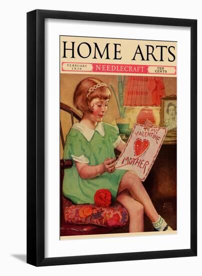 Little Girl Sews a Valentine-null-Framed Art Print