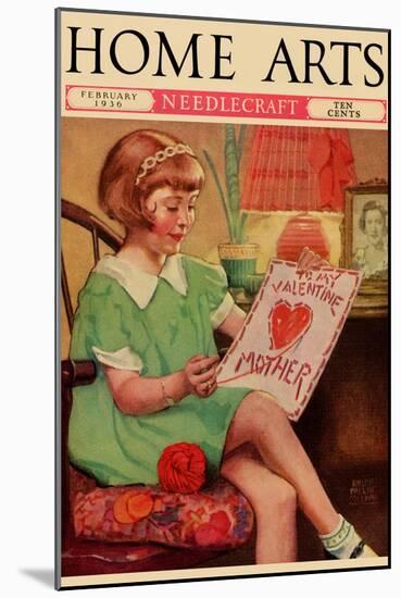 Little Girl Sews a Valentine-null-Mounted Art Print