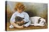 Little Girl Sits with a White Bulldog and Cuddles a Puppy-null-Stretched Canvas