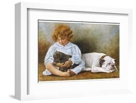 Little Girl Sits with a White Bulldog and Cuddles a Puppy-null-Framed Photographic Print