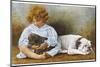 Little Girl Sits with a White Bulldog and Cuddles a Puppy-null-Mounted Photographic Print