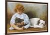 Little Girl Sits with a White Bulldog and Cuddles a Puppy-null-Framed Photographic Print