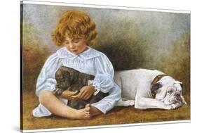 Little Girl Sits with a White Bulldog and Cuddles a Puppy-null-Stretched Canvas