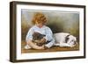 Little Girl Sits with a White Bulldog and Cuddles a Puppy-null-Framed Photographic Print