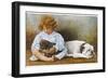 Little Girl Sits with a White Bulldog and Cuddles a Puppy-null-Framed Photographic Print