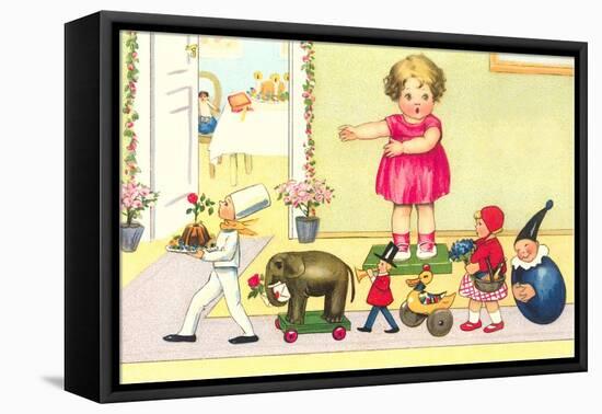 Little Girl Watching Parade of Toys-null-Framed Stretched Canvas