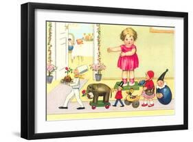 Little Girl Watching Parade of Toys-null-Framed Art Print