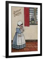 Little Girl with Doll on a Birthday Postcard-null-Framed Art Print