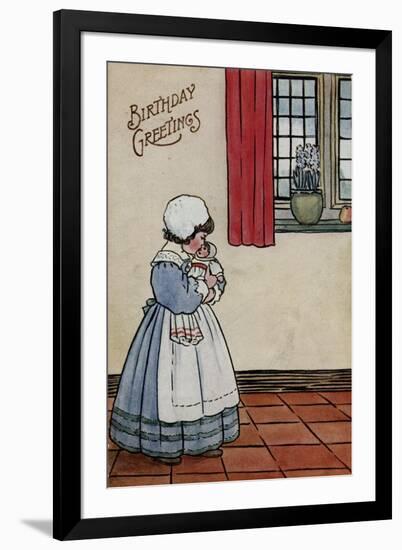 Little Girl with Doll on a Birthday Postcard-null-Framed Art Print