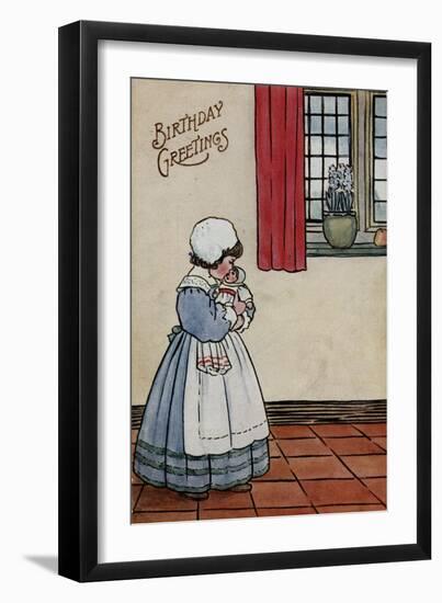 Little Girl with Doll on a Birthday Postcard-null-Framed Art Print