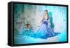 Little Girl with Mother in Princess Dress on a Background of a Winter Fairy Tale. Baby and Mom Snow-Miramiska-Framed Stretched Canvas