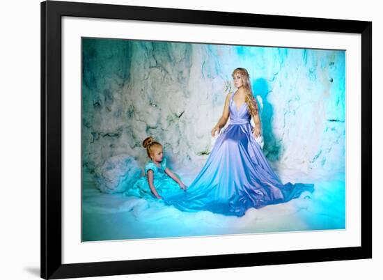 Little Girl with Mother in Princess Dress on a Background of a Winter Fairy Tale. Baby and Mom Snow-Miramiska-Framed Photographic Print