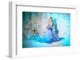 Little Girl with Mother in Princess Dress on a Background of a Winter Fairy Tale. Baby and Mom Snow-Miramiska-Framed Photographic Print