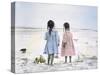 Little Girls on Beach with Flowers and Toy Sail Boat-Nora Hernandez-Stretched Canvas