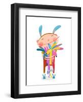 Little Kid Hugging Rabbits Funny Cute Toys. Little Girl or Boy Hugging Bunnies. Happy Child in Bunn-Popmarleo-Framed Art Print