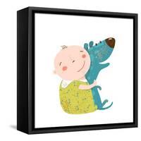 Little Kid Hugs Dog Best Happy Friends. Child Happiness Smiling with Friend Animal Pet, Vector Cart-Popmarleo-Framed Stretched Canvas