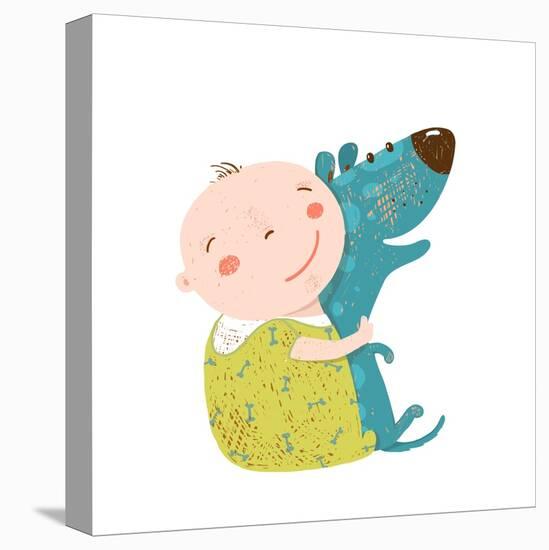 Little Kid Hugs Dog Best Happy Friends. Child Happiness Smiling with Friend Animal Pet, Vector Cart-Popmarleo-Stretched Canvas