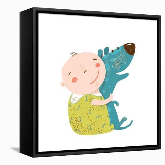 Little Kid Hugs Dog Best Happy Friends. Child Happiness Smiling with Friend Animal Pet, Vector Cart-Popmarleo-Framed Stretched Canvas