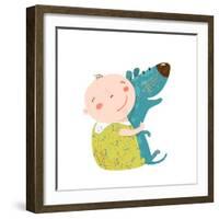 Little Kid Hugs Dog Best Happy Friends. Child Happiness Smiling with Friend Animal Pet, Vector Cart-Popmarleo-Framed Art Print