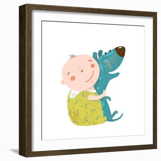 Little Kid Hugs Dog Best Happy Friends. Child Happiness Smiling with Friend Animal Pet, Vector Cart-Popmarleo-Framed Art Print