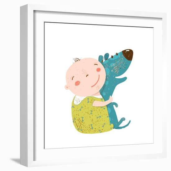 Little Kid Hugs Dog Best Happy Friends. Child Happiness Smiling with Friend Animal Pet, Vector Cart-Popmarleo-Framed Art Print