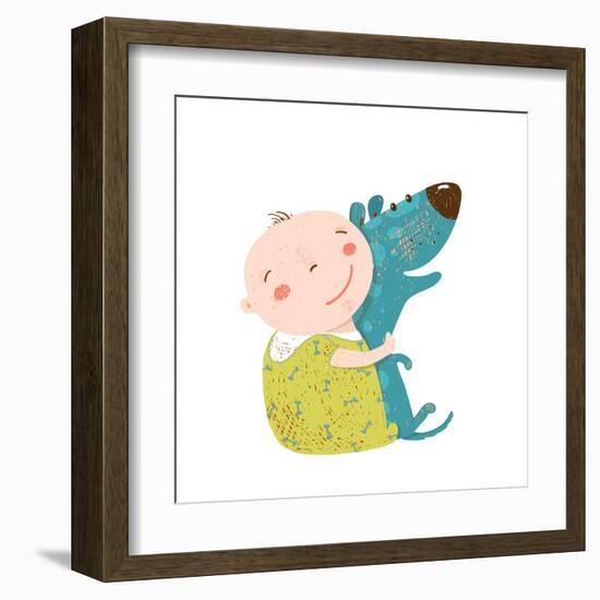 Little Kid Hugs Dog Best Happy Friends. Child Happiness Smiling with Friend Animal Pet, Vector Cart-Popmarleo-Framed Art Print