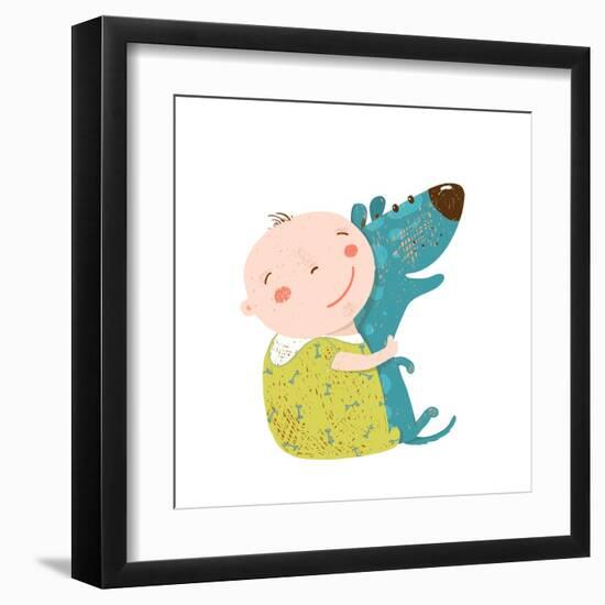 Little Kid Hugs Dog Best Happy Friends. Child Happiness Smiling with Friend Animal Pet, Vector Cart-Popmarleo-Framed Art Print