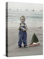 Little Kid on Beach with Toy Sailboat-Nora Hernandez-Stretched Canvas