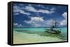 Little Motor Boat in the Turquoise Waters of the Ant Atoll, Pohnpei, Micronesia, Pacific-Michael Runkel-Framed Stretched Canvas