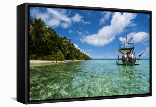 Little Motor Boat in the Turquoise Waters of the Ant Atoll, Pohnpei, Micronesia, Pacific-Michael Runkel-Framed Stretched Canvas