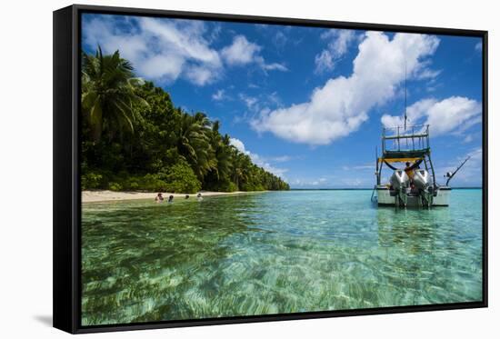 Little Motor Boat in the Turquoise Waters of the Ant Atoll, Pohnpei, Micronesia, Pacific-Michael Runkel-Framed Stretched Canvas