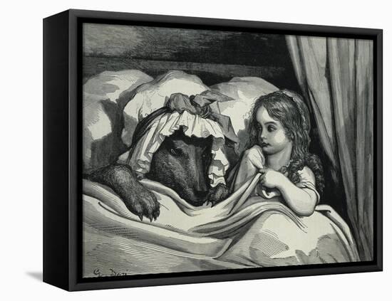 Little Red Riding Hood and Wolf Dressed as Her Grandmother-Gustave Doré-Framed Stretched Canvas