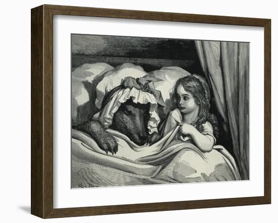 Little Red Riding Hood and Wolf Dressed as Her Grandmother-Gustave Doré-Framed Art Print